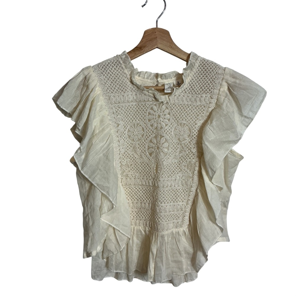 Joie Small Cream Elegant Floral Lace and Ruffle Top Coquette Cottagecore